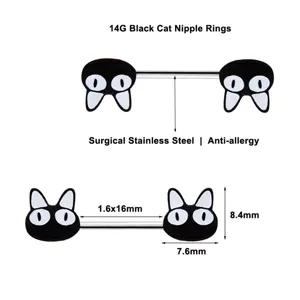 Detailed view of 14G surgical stainless steel black cat nipple rings with precise dimensions.