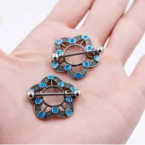 Stainless steel flower nipple ring piercing jewelry with blue enamel details for body piercing