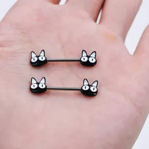 Stainless steel black cat straight barbell body piercing jewelry cute cartoon style 14G