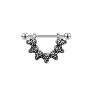 Punk style stainless steel skull nipple ring body piercing jewelry detailed product close view.