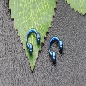 Detailed close-up view of blue stainless steel horseshoe ring body piercing jewelry.