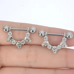 Stainless steel skull nipple ring body piercing jewelry with clear cubic zirconia stones.