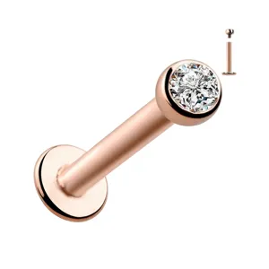 G23 titanium labret stud piercing with clear CZ crystal, internal thread body jewelry.