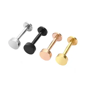 Edelstahl Labret Stecker Detailansicht mit flacher Rückseite in Silber, Schwarz, Roségold, Gold.