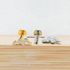 Primo piano dettagliato del piercing labret in lega di titanio con zirconi cubici retro piatto.