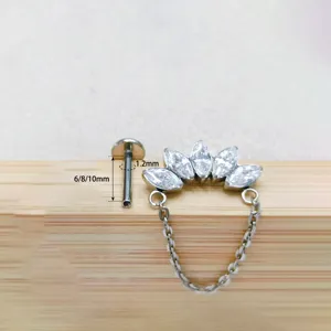 Detailaufnahme von Titan Piercing Schmuck mit Zirkon Steinen und einer feinen Kette.