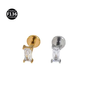 F136 titanium rectangular CZ labret stud and cartilage piercing earring for daily wear.