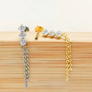 Titanium alloy lip ring cartilage piercing stud with cubic zirconia and tassel chain jewelry
