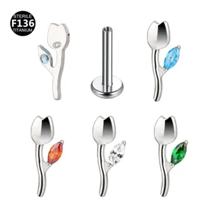 Gioiello per Piercing Tragus Labret Tulipano in Titanio Con Zircone Vite Retro Piatto Anello labbro Accessori