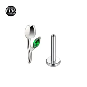 F136 Titanio Tulipano Labret Chiodo con Zircone Verde Piercing Orecchio Corpo Dettaglio