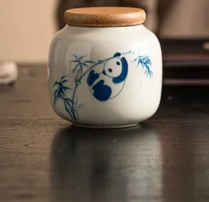 Boîte à thé en céramique peinte à la main avec motif de panda mignon, petit pot de stockage.