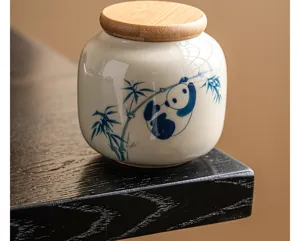 Boîte à thé en céramique peinte à la main avec couvercle en bois, motif panda, mini pot.
