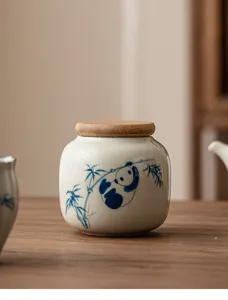 Pot à thé en céramique panda peint à la main avec couvercle en bois, mini bocal hermétique.