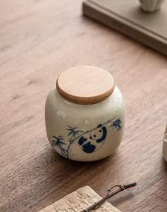 Boîte à thé en céramique avec couvercle en bambou, motif panda, petit pot de stockage étanche.