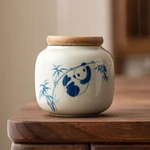 Boîte à Thé en Céramique Panda Peinte à la Main Petit Pot de Stockage Hermétique Portable Avec Couvercle en Bois Mini Conteneur Alimentaire Décoration de Cuisine