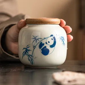 Pot à thé en céramique avec couvercle en bambou, bocal de stockage panda bleu peint à la main.
