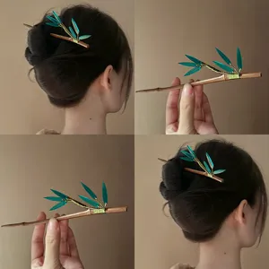 New Chinese Style Bamboo Leaf Wooden Hair Stick Elegant Green Leaves Ancient Hair Chopstick Retro Headwear Jewelry For Women