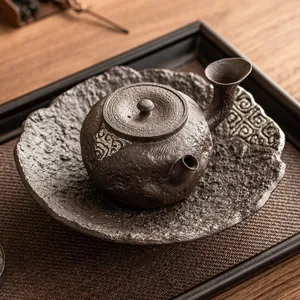 Retro Keramik Teekanne mit Seitengriff und Untertasse, traditioneller Kung Fu Teebereiter Filter.