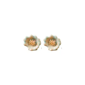 Elegant gradient green flower earrings with gold pistil studs, fresh daily jewelry accessory.