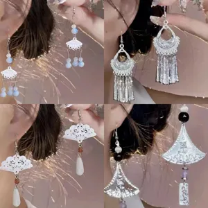 Ethnic New Chinese Fan Tassel Earrings For Women Vintage Alloy Rhinestone Artificial Pearl Waterdrop Wind Chime Drop Earrings