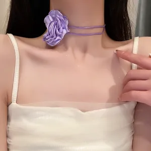 Mode Tissu en Velours Fleur Collier Tridimensionnel Camélia Rose Choker Longue Corde Chaîne de Clavicule Bijoux pour Femmes