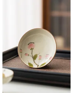 Bol de té de cerámica pintado a mano rosa floral soporte para tapa de tetera decoración
