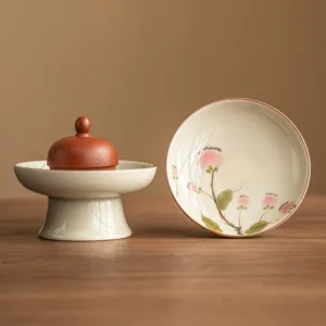 Conjunto de soporte para tapa de tetera de cerámica, accesorios de té florales pintados a mano.