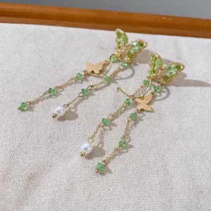 Elegant long drop earrings featuring green crystal butterflies and pearls for women.