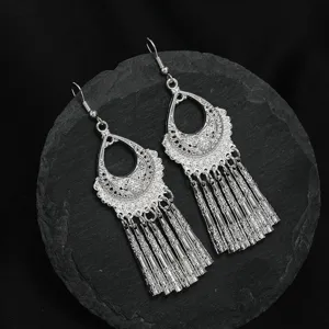 New Chinese style silver tone teardrop filigree tassel dangle hook earrings for women