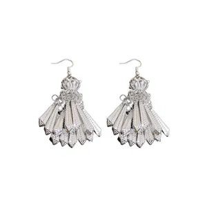 New Chinese style fan-shaped tassel earrings, silver metal windchime drop ear hooks, ethnic jewelry.