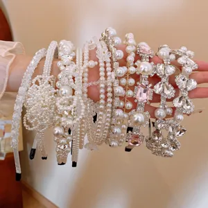 Set cerchietto per capelli con perle di cristallo vintage francese, fiocco dolce per donne.