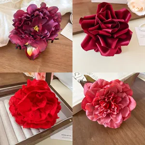 Elegante Romántico Rojo Rosa Flor Pinza de Pelo Artístico Vintage Gran Flor Clip Tiburón Dulce Hecho a Mano Lazo de Cinta Horquilla Tocado para Mujeres Accesorios de Pelo