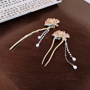 New Chinese style enamel flower rhinestone pearl tassel hairpin vintage hair fork jewelry accessory
