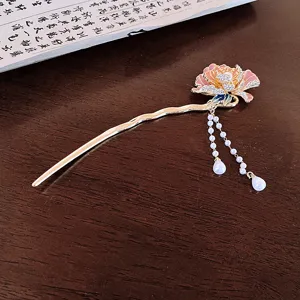 Chinese style rhinestone enamel flower pearl tassel hair stick elegant antique hair accessory