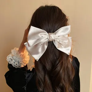 French satin bow hair clip with rhinestones, elegant vintage spring barrette for women.