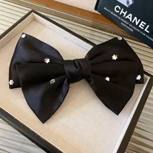Elegant black satin rhinestone bow hair clip french style chic spring hair accessories.