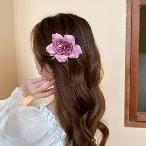 Vintage mauve rose hair clip for women, elegant floral duckbill clip for side hair styling.