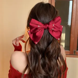 French vintage red satin rhinestone bow hair clip elegant sparkling hair accessory for women