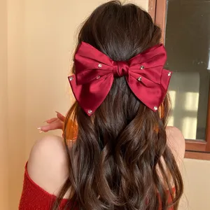 French red satin rhinestone hair bow spring clip, elegant vintage hair accessory for women.
