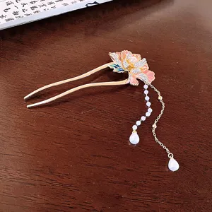 Chinese style enamel rhinestone pearl flower tassel hair stick elegant antique hairpin for women.