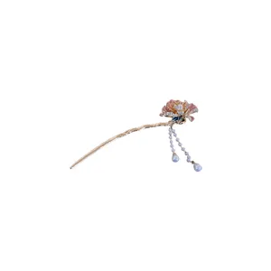 New Chinese style hair stick with pink flower enamel rhinestones and pearl tassels elegant.