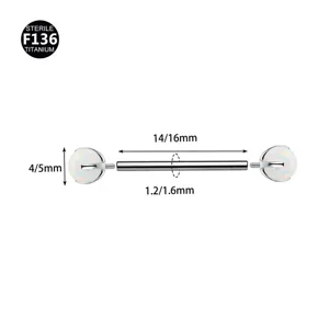 Detail view of F136 titanium straight barbell nipple ring with white opal ends and sizing specs.