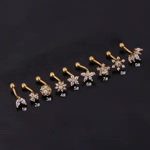 Detailansicht verschiedener gebogener Piercing-Stifte aus Edelstahl mit Zirkonia-Steinen.