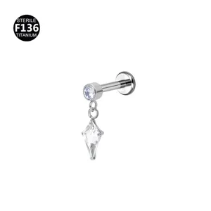 F136 titanium cartilage piercing labret stud with crystal kite pendant body jewelry detail