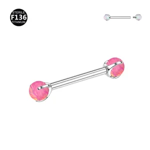 High quality titanium straight barbell body piercing jewelry with pink synthetic opal ends.