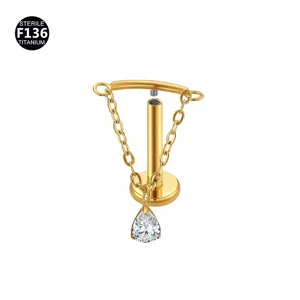 Titanium Labret Piercing Jewelry with Chain Teardrop Zircon Detail for Body Piercing