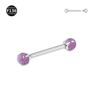 F136 titanium straight barbell body piercing jewelry with aurora opal balls detail view.