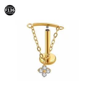 F136 titanium labret piercing jewelry with chain and crystal clover pendant for stylish body decoration.
