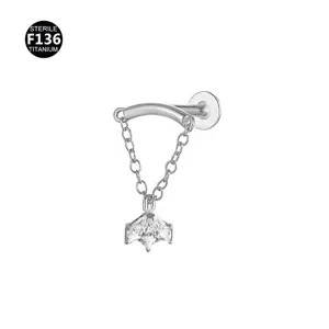 Titanium piercing jewelry with chain and zircon pendant for body piercing and ear stud.
