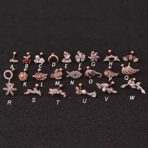 Detaillierter Roségold Knorpel-Piercing-Stecker mit Zirkonia und Schraubverschluss.